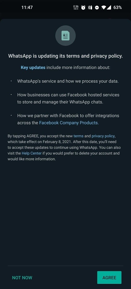 Voici la notification apperçu par un utilisateur de Whatsapp lors de la dernière mise à jour.