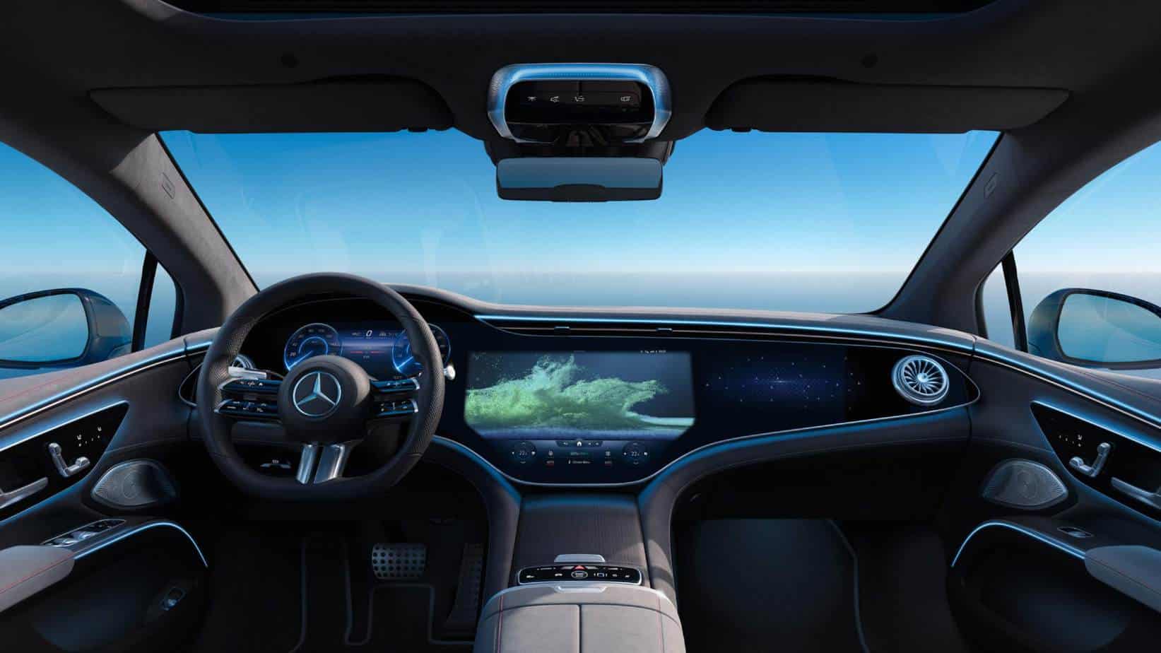 L'intérieur de la Mercedes-Benz EQS 450+ avec l'option d'écran large.